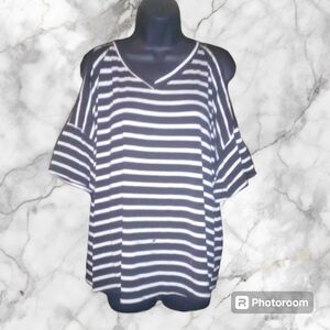 "HUG+" Women's Short Sleeve Striped Cold Shoulder Top